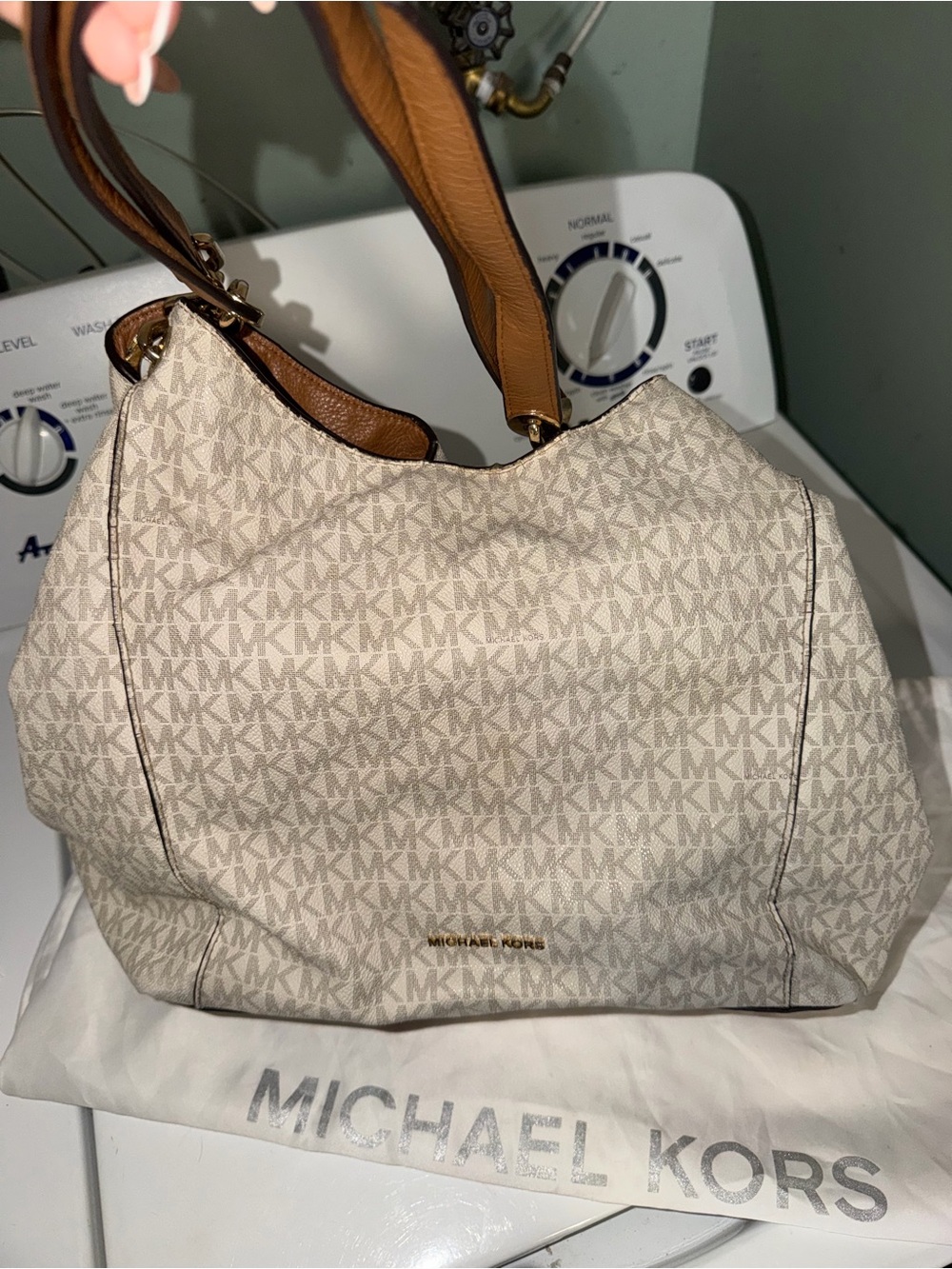 Michael Kors Cream MK Logo Shoulder Bag with Tan Trim